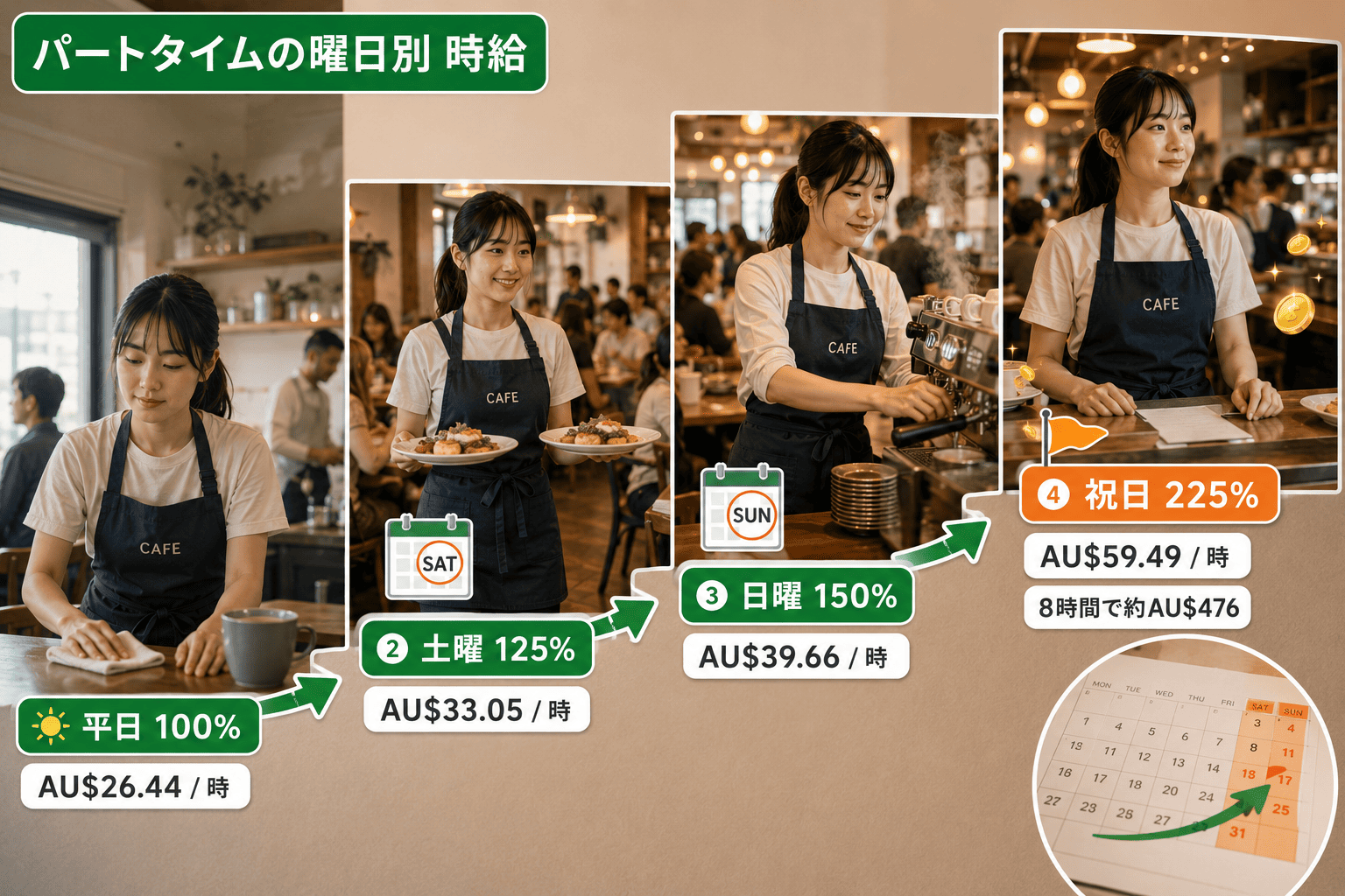 オーストラリア 時給が曜日で変わるペナルティレート。平日AU$33.05から祝日AU$66.10まで4段階