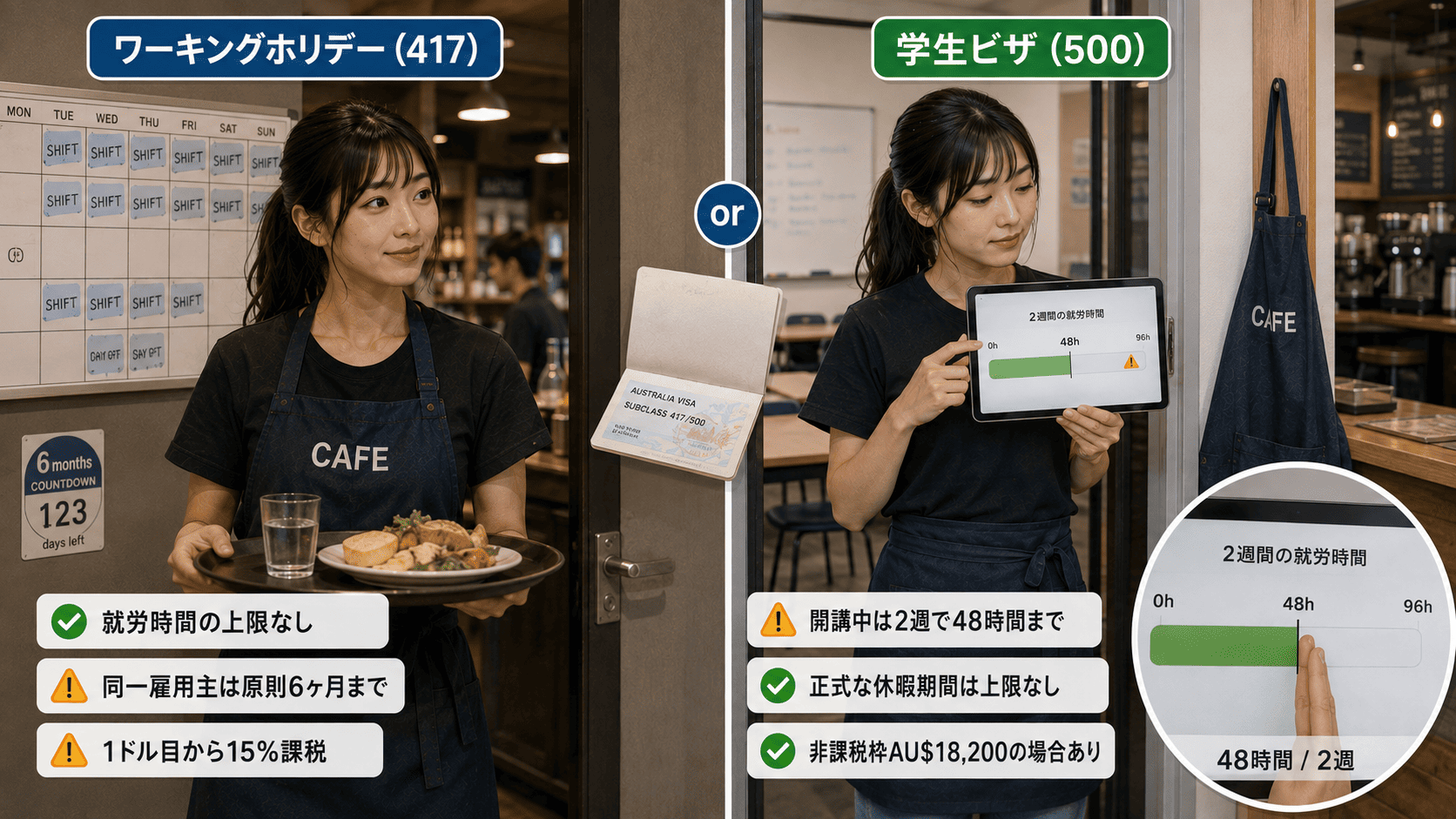 オーストラリア 学生ビザの2週48時間制限と、ワーキングホリデーの上限なし・6ヶ月ルールを比較