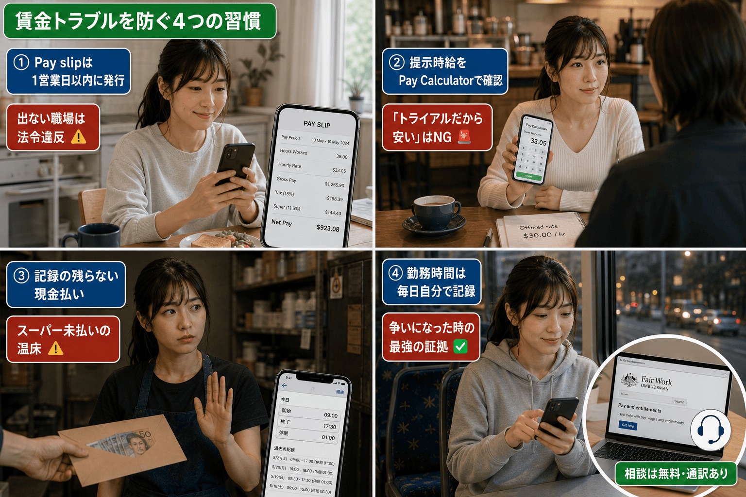 オーストラリア 賃金トラブルを防ぐ4つの習慣。給与明細の確認、Pay Calculator照合、勤務記録など