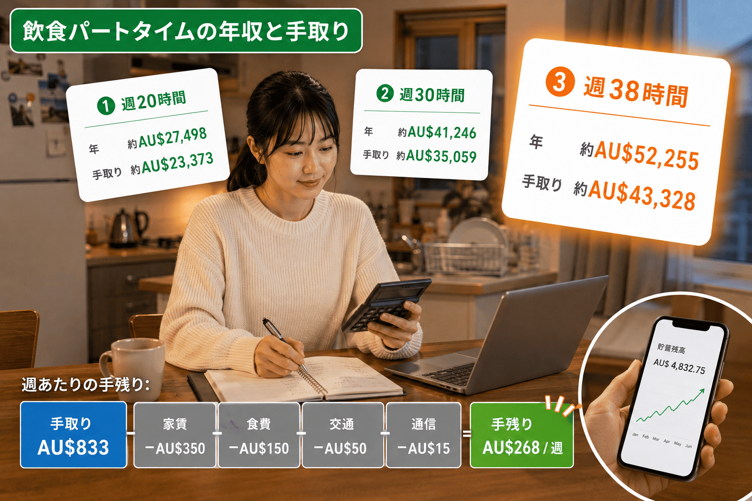 ワーホリ 収入を週20・30・38時間で試算した図。年収と税引後の手取り、生活費を引いた手残りを表示