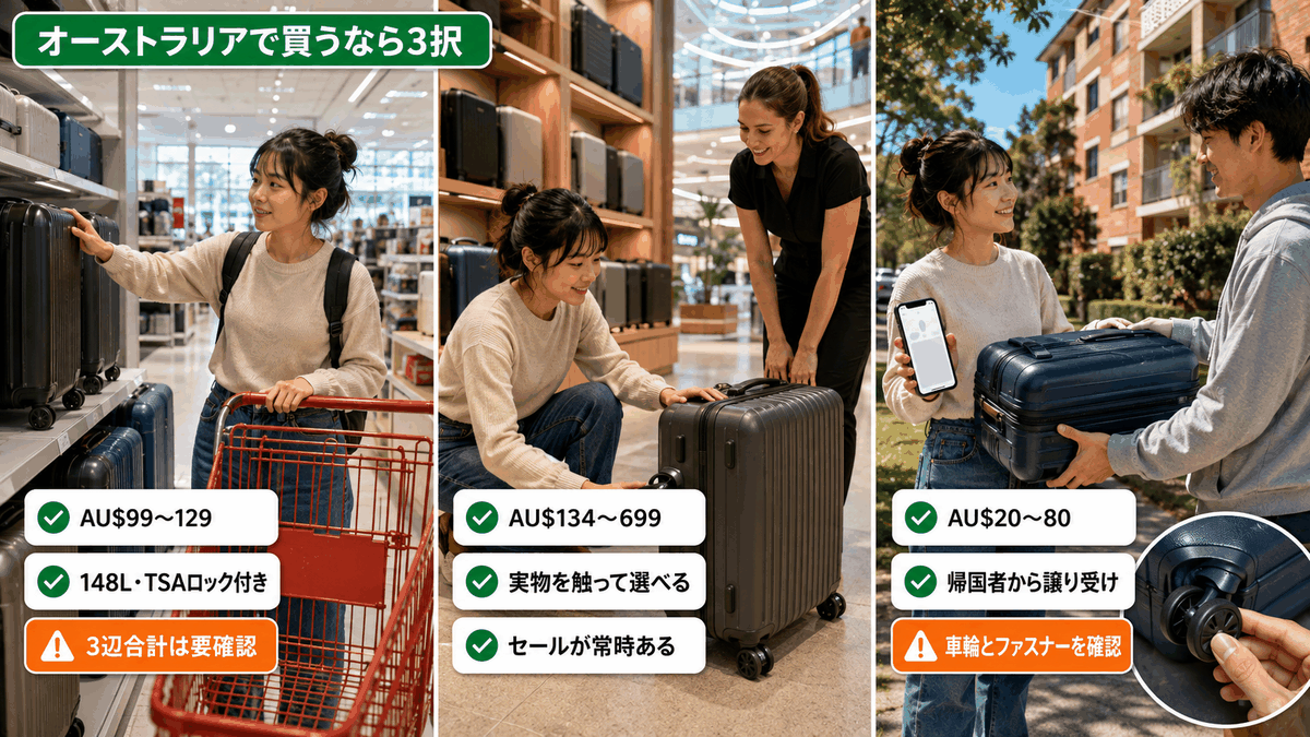 オーストラリアでスーツケースを買う3つの選択肢を比較した図。量販店、鞄専門店、中古の価格帯を表示