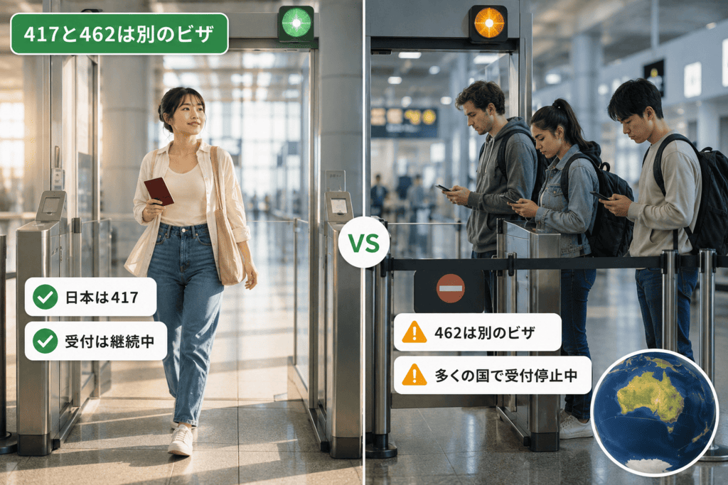 オーストラリアのワーホリビザ417と462の違いを、受付が続く日本の417レーンと停止中の462レーンで対比した図解