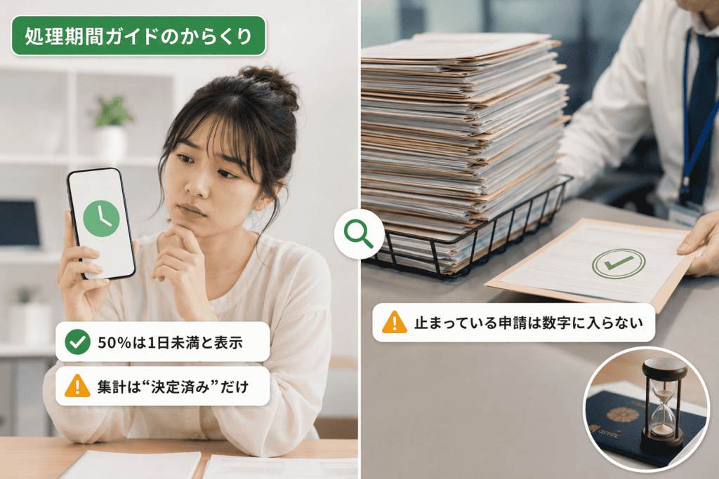 ワーホリビザの処理期間ガイドが決定済みの申請だけを集計する仕組みを、スマホの表示と審査待ち書類の山で対比した図解