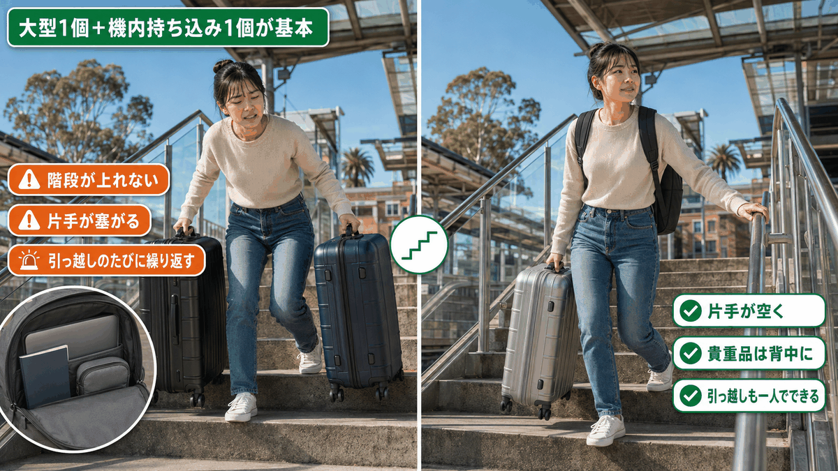 大型スーツケース2個で階段に苦戦する様子と、1個とバックパックで身軽に移動する様子の比較