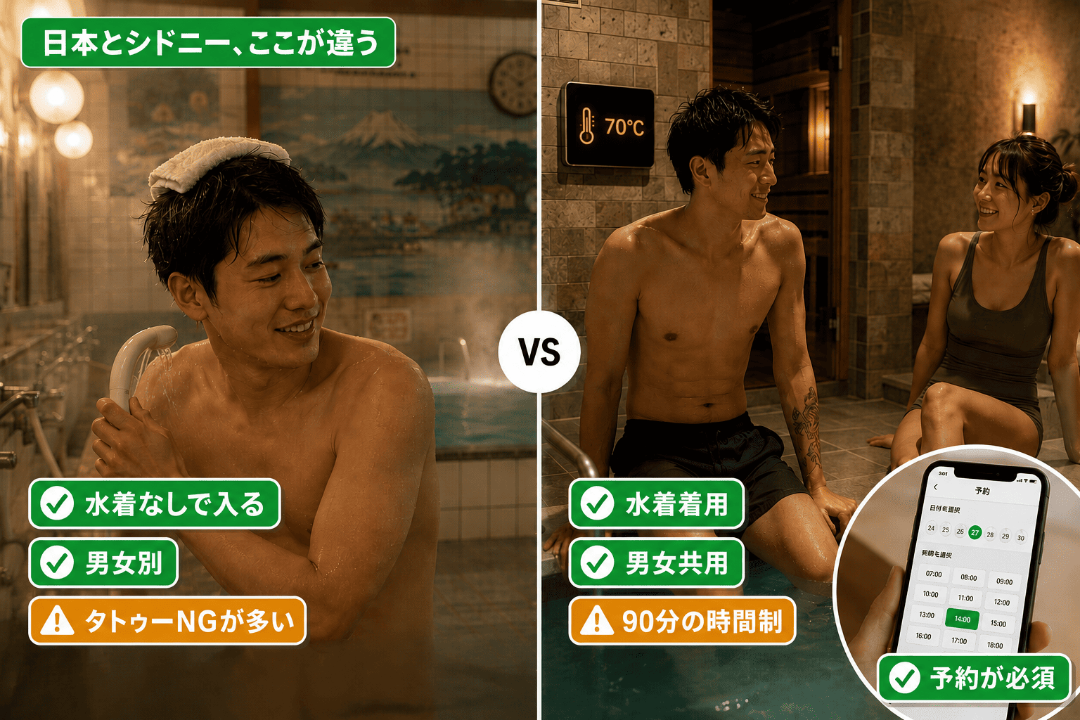 日本の銭湯とシドニーのサウナを比較した図。裸と水着、男女別と男女共用、時間制の違いを表示