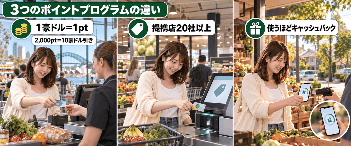レジでの使用シーンでポイント3種を比較したイラスト。オーストラリア スーパーのポイントカード活用法が分かる