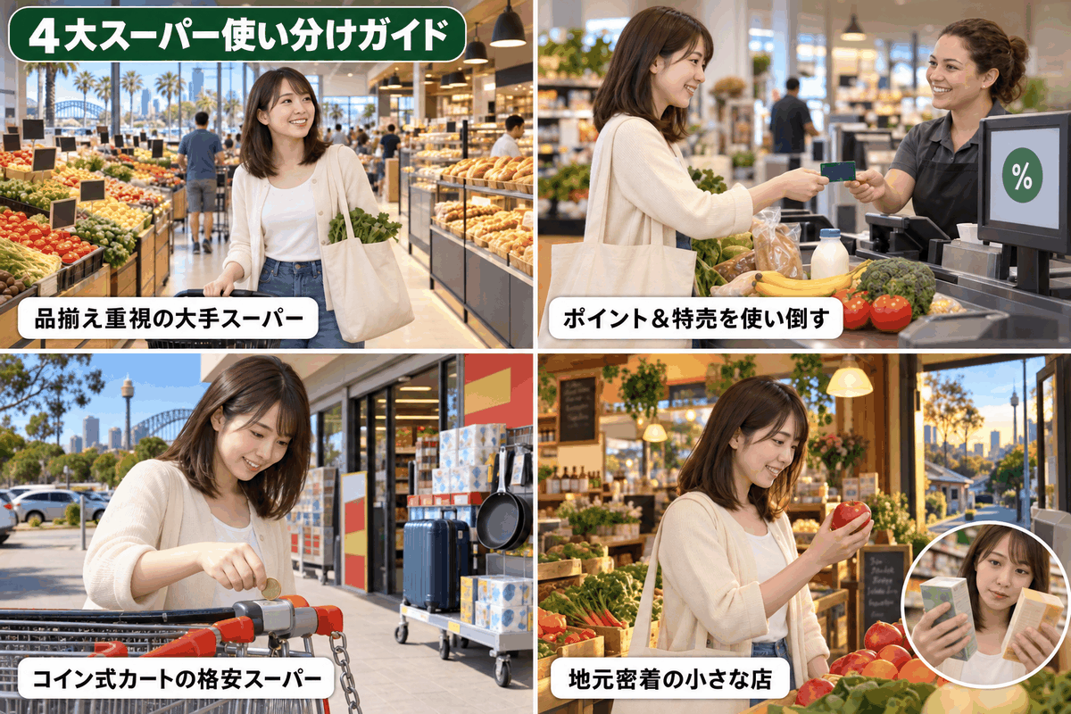 大手・格安・独立系スーパーの違いを4コマで比較したイラスト。オーストラリア スーパーの使い分け方が分かる