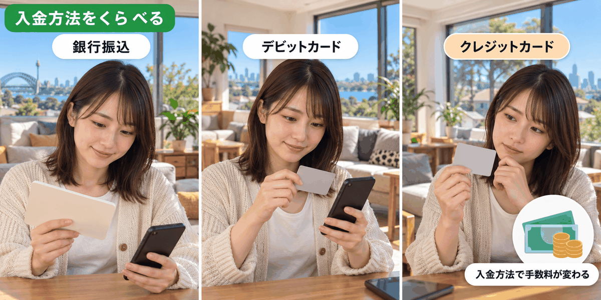 銀行振込とカード払いで変わるWiseの海外送金手数料を比較するイメージ