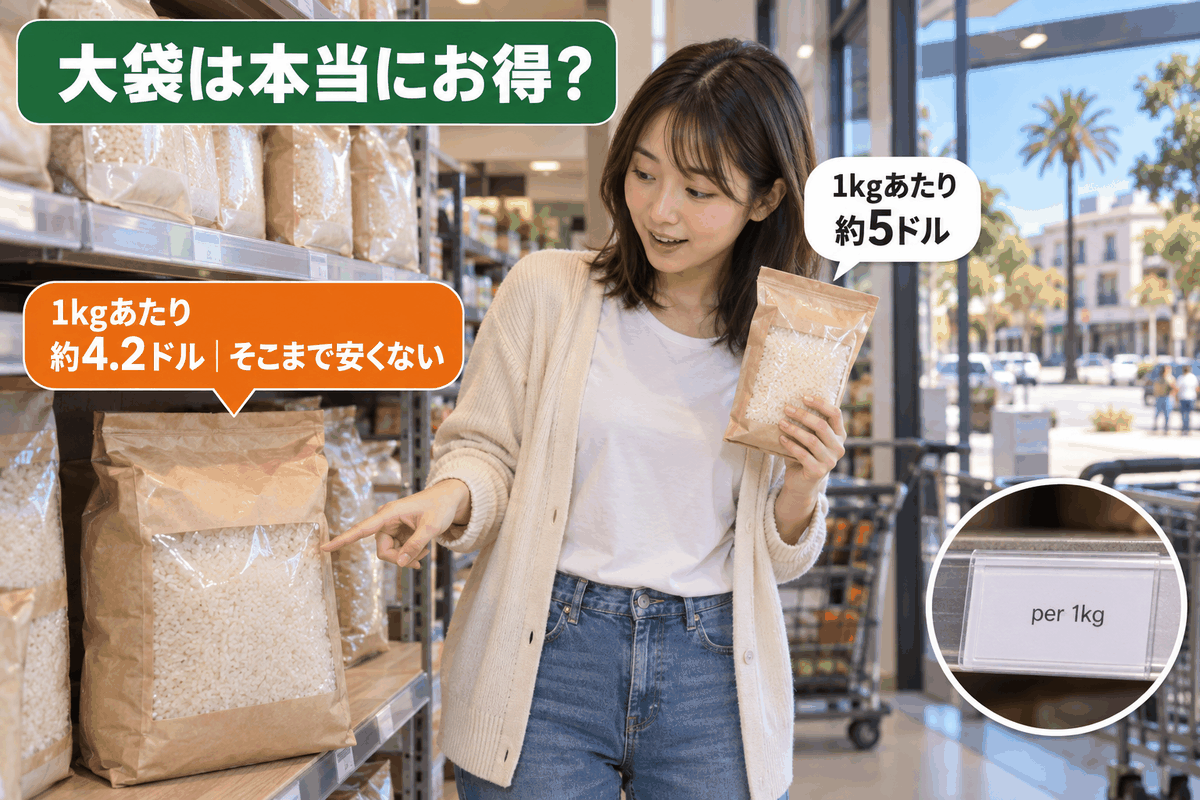1kgと5kgのお米袋を手に、オーストラリアの米は大袋ほど安いとは限らないと単価バッジで示す様子