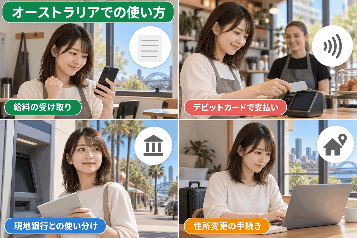 給料受け取りやデビットカード支払いなどオーストラリアでのWise活用シーンをまとめたイメージ