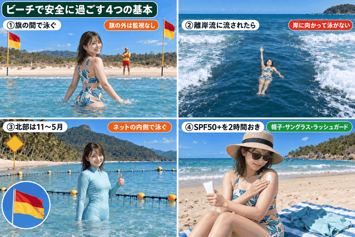 オーストラリアのビーチ安全対策4項目。旗の間で泳ぐ、離岸流、スティンガー、紫外線対策