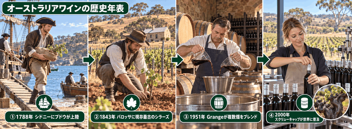 1788年の入植から2000年のスクリューキャップ普及までオーストラリアワインの歴史を年表で紹介