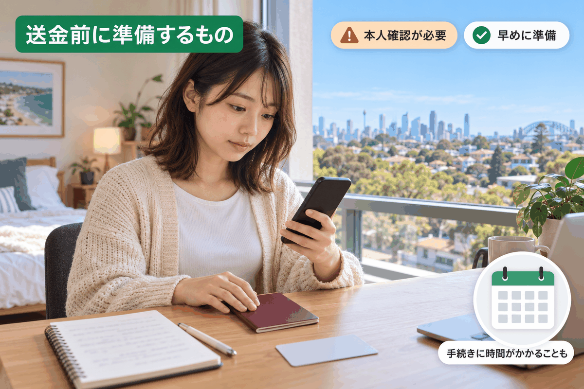 海外送金前にマイナンバーや本人確認書類を準備するオーストラリア留学生の様子