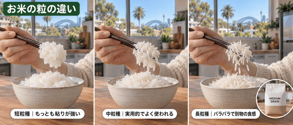 短粒種・中粒種・長粒種の炊き上がりの違いを三つの茶碗で見せたオーストラリアの米比較図