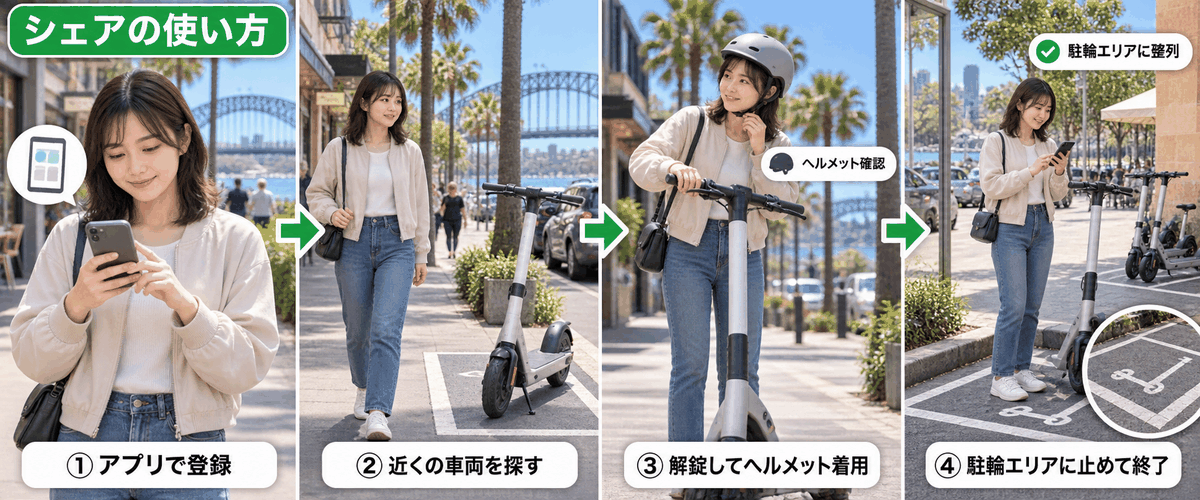 シェアの電動キックボードを登録から駐輪まで4ステップで使う様子を示したイラスト。ヘルメット着用も明示