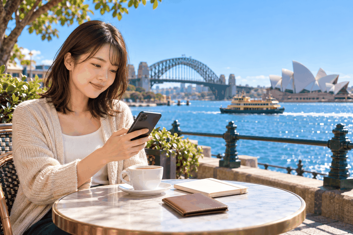 シドニーのカフェで海外送金アプリを確認するオーストラリア留学中の女性