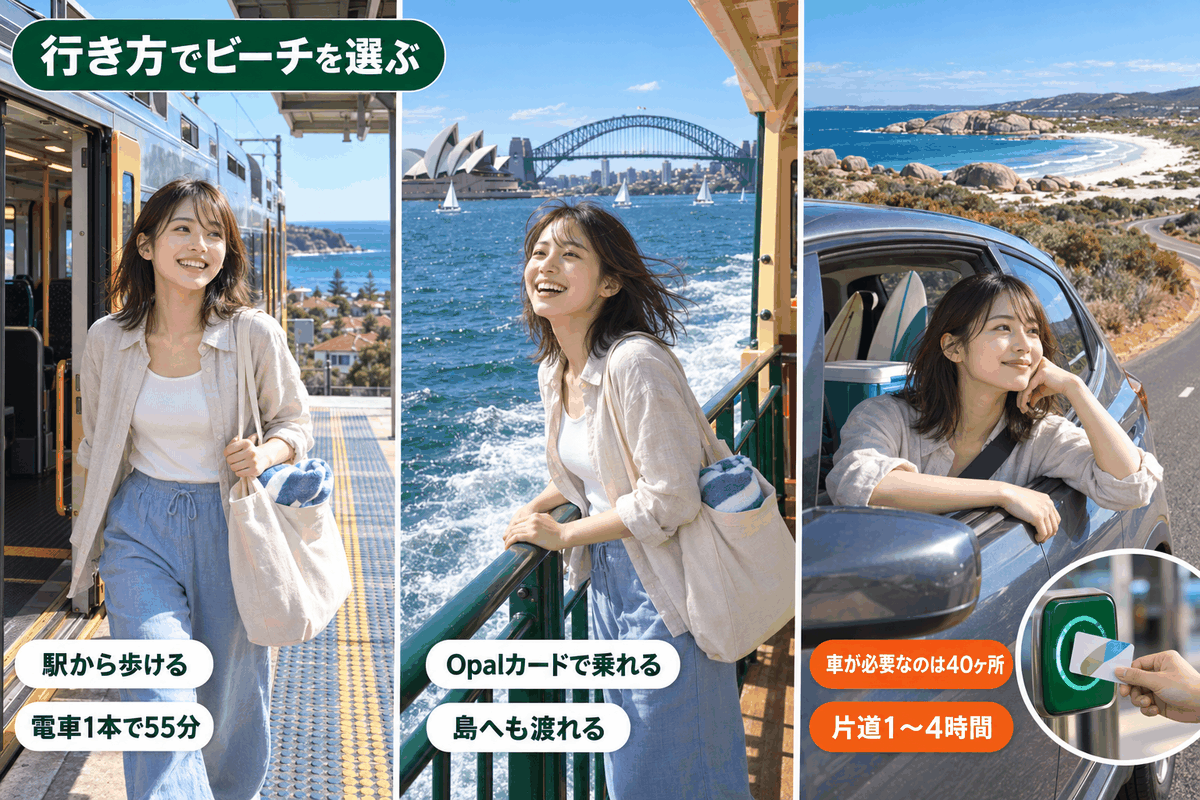 オーストラリアのビーチへの行き方を電車・フェリー・車の3つで比較。公共交通で45ヶ所