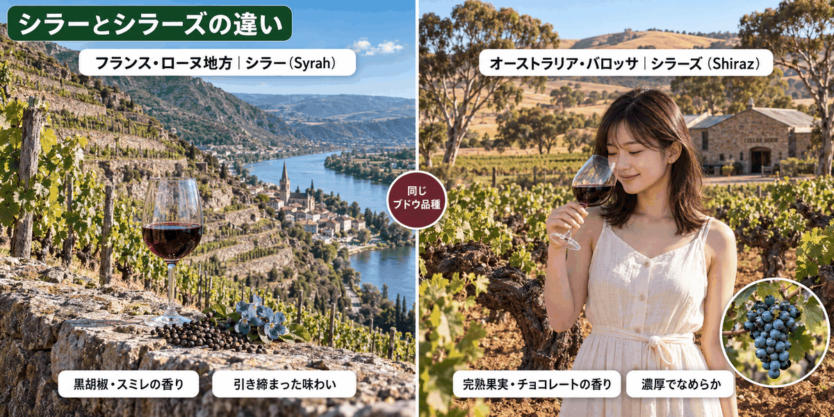 フランス・ローヌ地方のシラーとオーストラリア・バロッサのシラーズを、畑の景色や香り、味わいで比べたイラスト