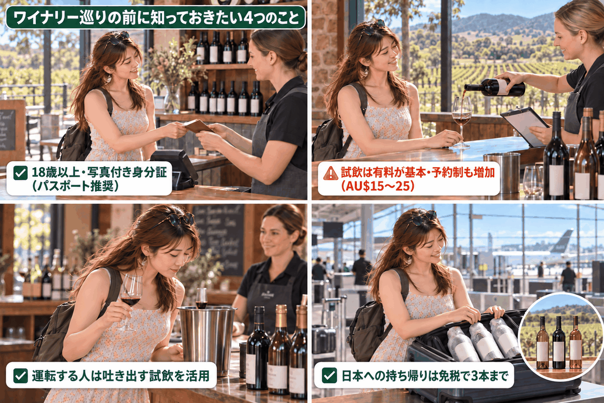 身分証確認や有料試飲、飲酒運転防止、免税3本までなどワイナリー訪問前の4つのルールを紹介