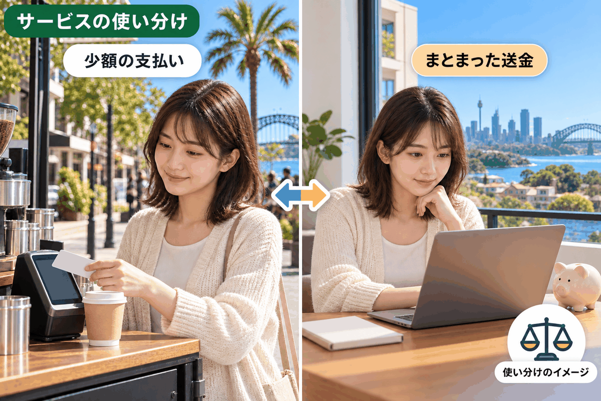 日常の少額決済とまとまった海外送金を使い分ける留学生の様子を左右で示したイメージ