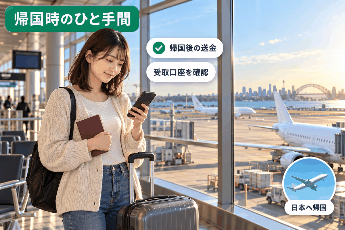 オーストラリアから帰国する際に空港でWiseの送金を確認する留学生の様子