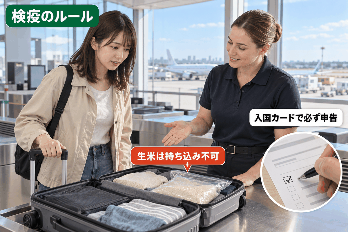 オーストラリアの空港で生米は持ち込めないと荷物検査で示される留学生の様子