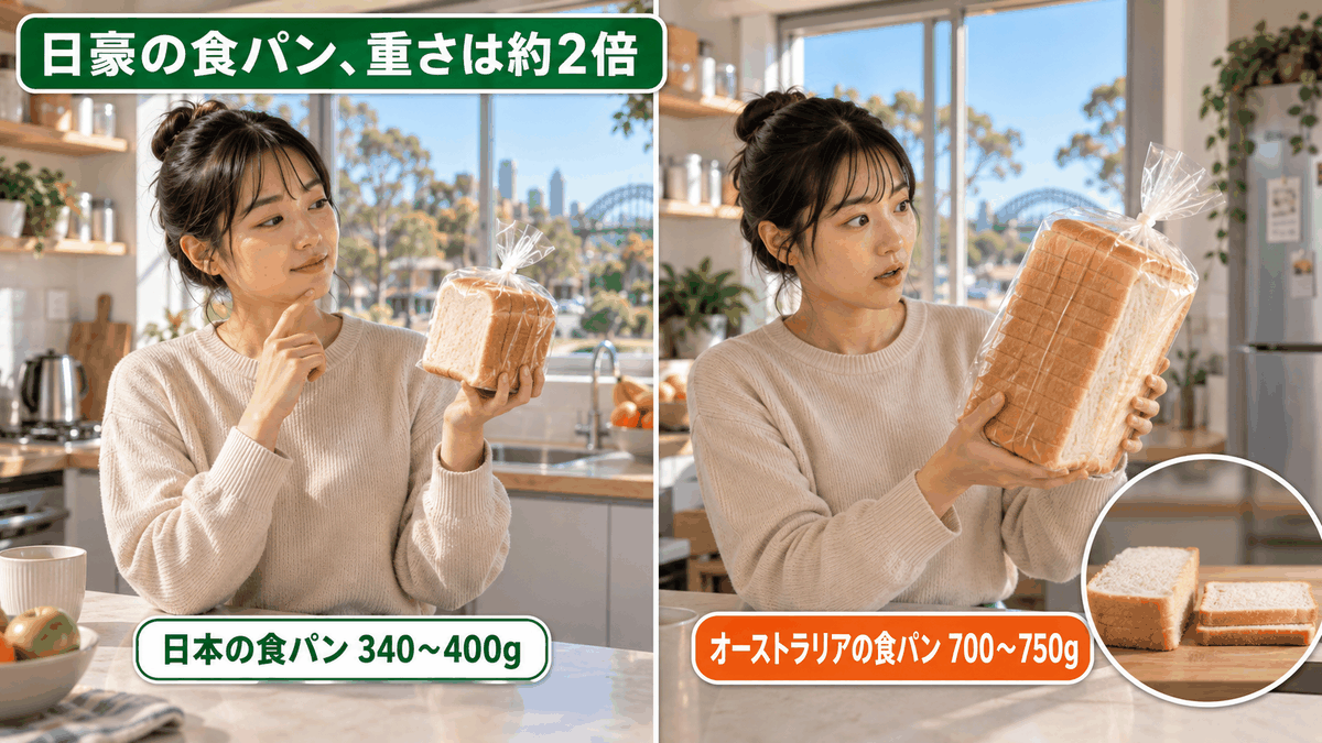 日本の食パン340〜400gとオーストラリアの食パン700〜750gを並べて重さを比較した図