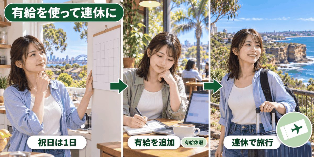 オーストラリアの祝日に有給休暇を組み合わせて連休を作る流れを3ステップで示したイラスト