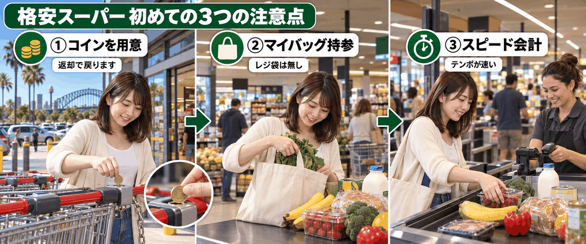 コイン式カート、マイバッグ持参、スピード会計という3ステップで示した格安スーパーの使い方。オーストラリア スーパー初心者向け