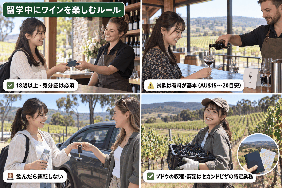 ワイナリーでの年齢確認、有料の試飲、飲酒運転の防止、ブドウ畑の仕事とセカンドビザの4つを紹介