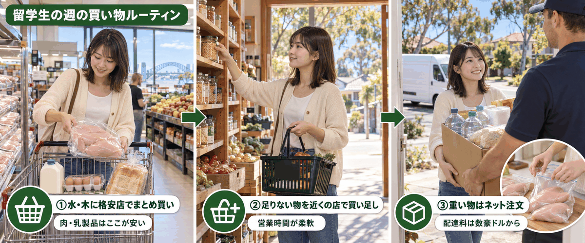格安店でまとめ買い→近くの店で買い足し→重い物はネット注文という3ステップの買い物術