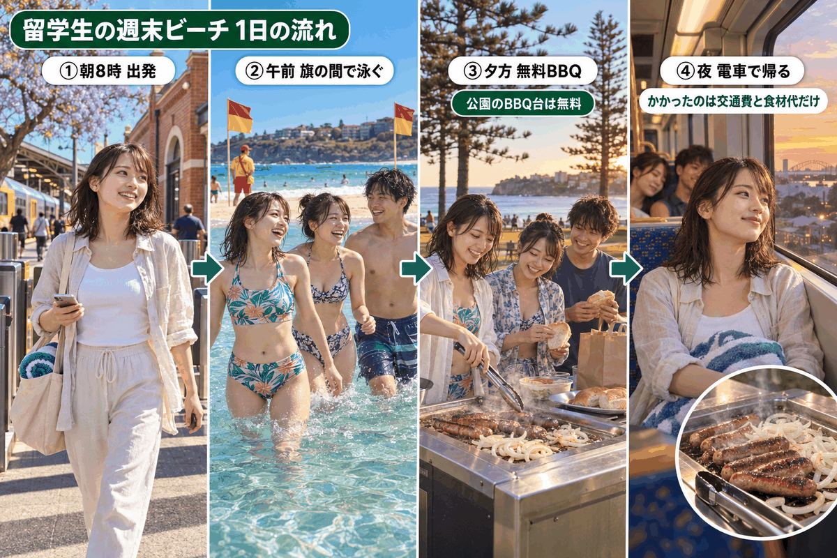 留学生がオーストラリアのビーチで週末を過ごす流れを4ステップで紹介。交通費のみで一日