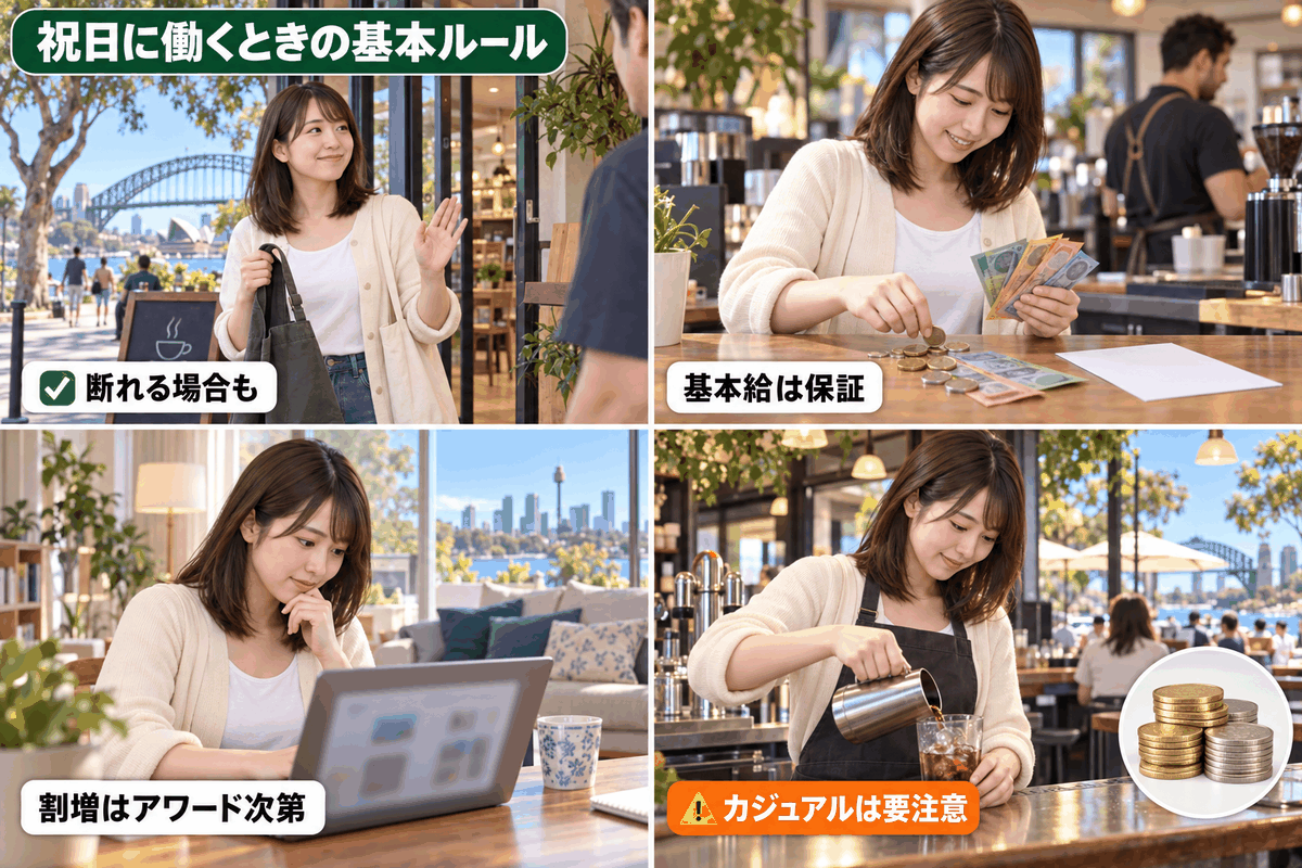 オーストラリアで祝日に働く際の権利と割増賃金の仕組みを4つの場面で示した図