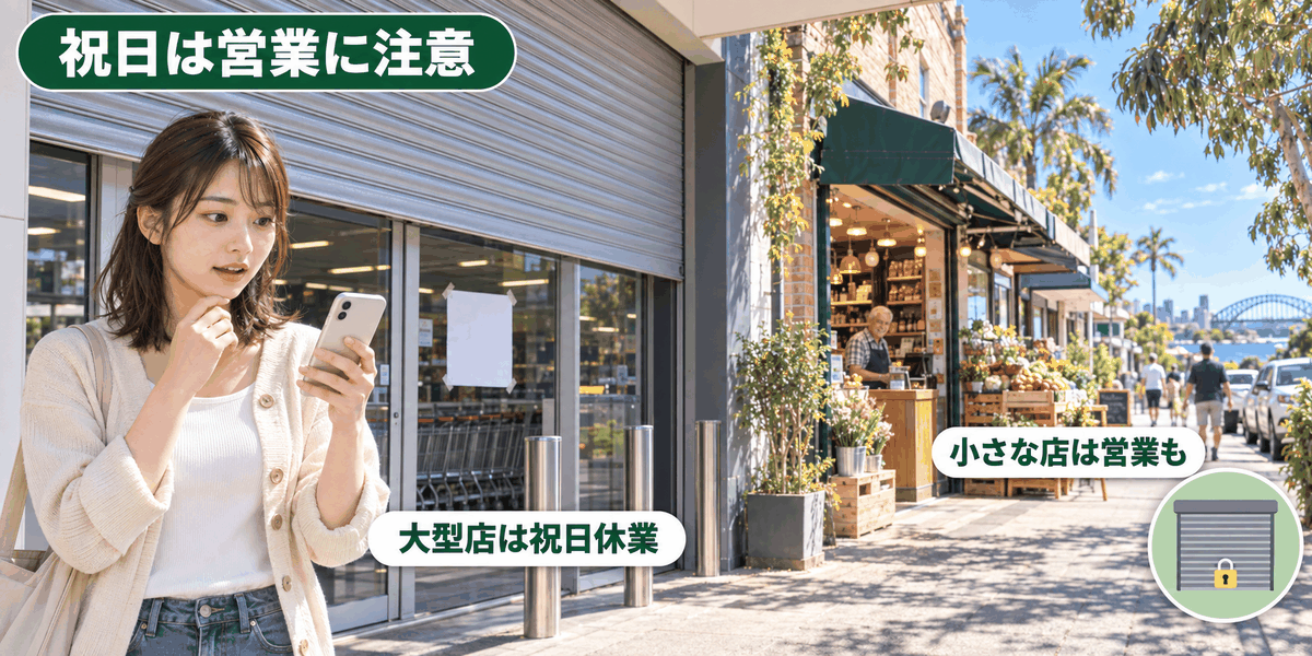 オーストラリアの祝日に大型店が休業し小さな店だけ営業している街の様子
