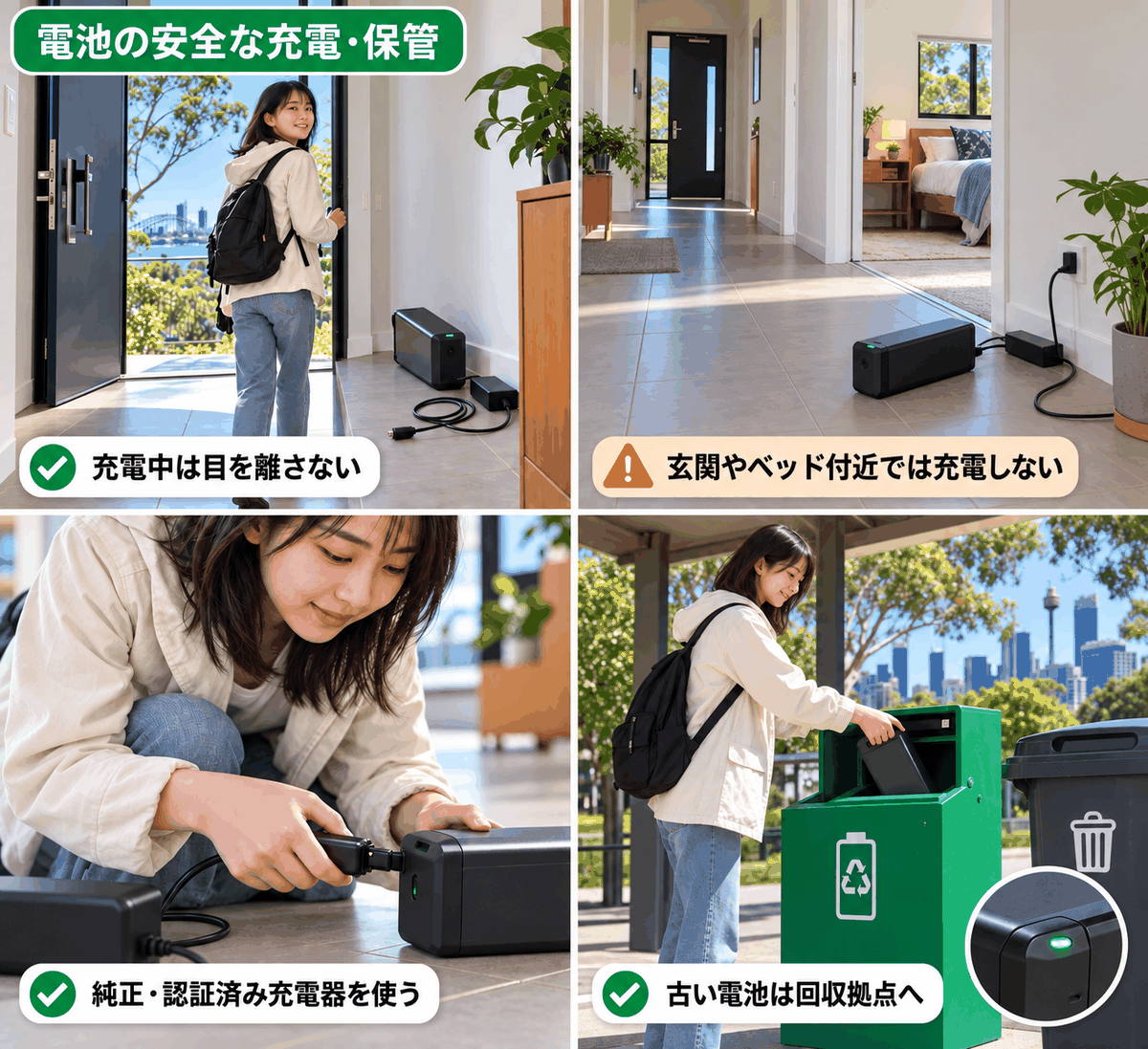 電動キックボードのリチウム電池火災を防ぐため充電中に目を離さず玄関を避け純正充電器を使う4つの習慣