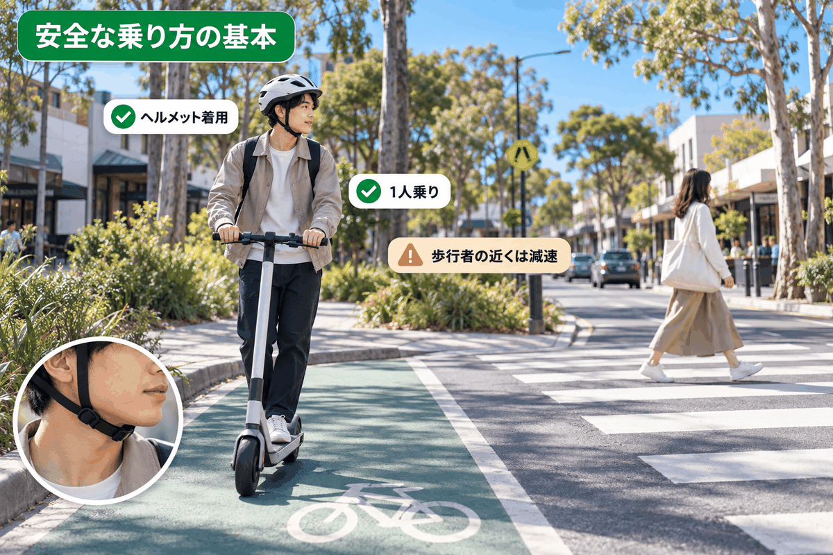 オーストラリアで電動キックボードに乗る留学生がヘルメットを着用し1人で歩行者の近くで減速する様子