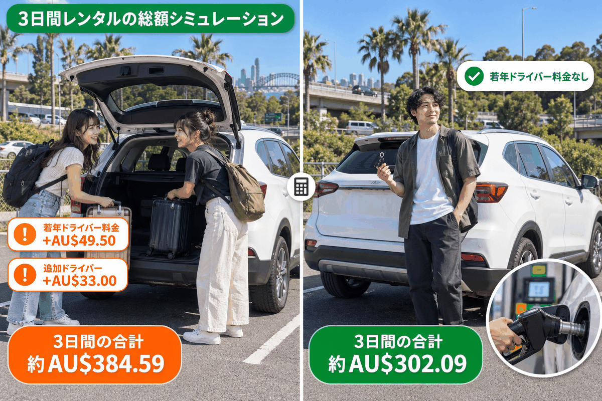 オーストラリアでレンタカーを3日間借りた場合の総額を22歳と26歳で比較。若年ドライバー料金の差