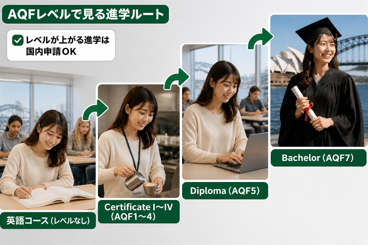 英語コースからCertificate、Diploma、BachelorへとAQFレベルが上がる進学ルートを階段で示した図。学生ビザを国内で申請できる進学