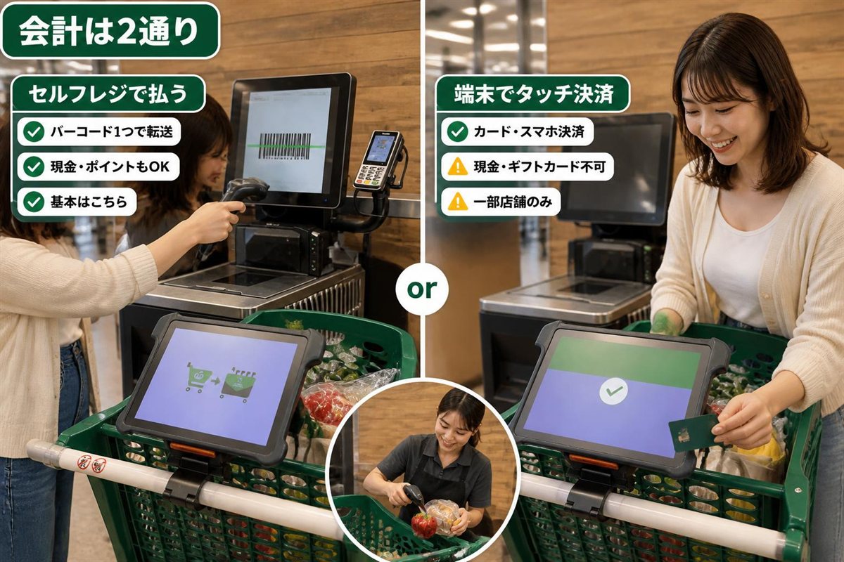 セルフレジの画面のバーコードを読み取る支払いと、端末でのタッチ決済を比べた図。スキャン・アンド・ゴー・トロリーの会計方法