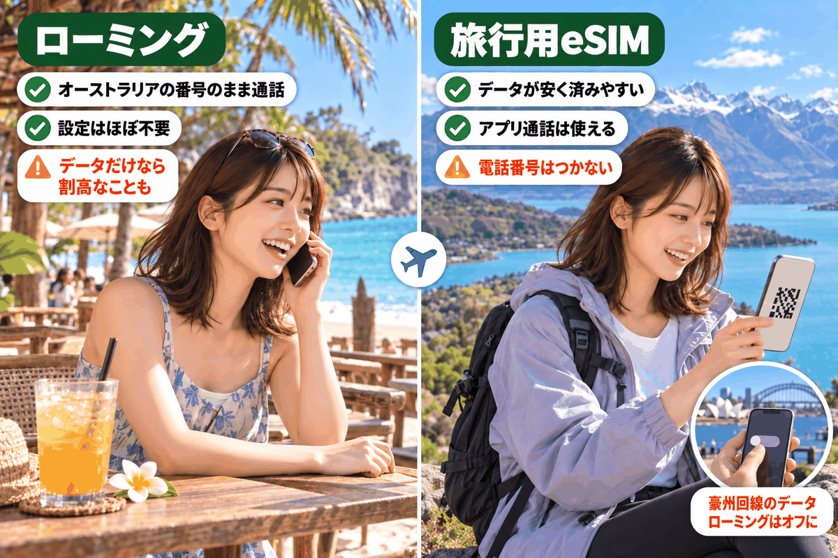 オーストラリアの通信会社のローミングと旅行用eSIMを、バリ旅行とNZ旅行の場面で比べたイラスト