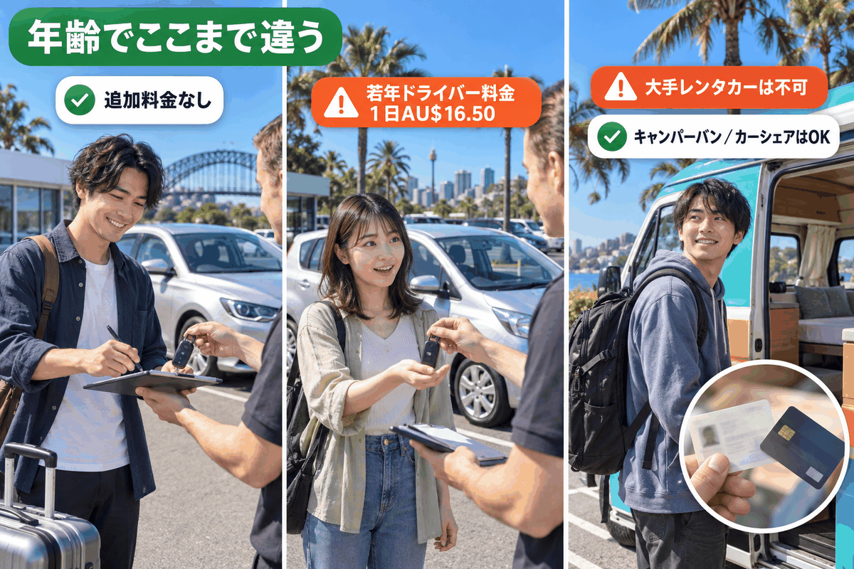 オーストラリアのレンタカーが借りられるか、25歳以上・21〜24歳・18〜20歳の年齢別に比較