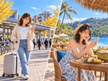 一時帰国の電話番号に悩む女性が、日本の駅前でスマホを手に微笑む場面と、バリのビーチカフェでスマホを使う場面