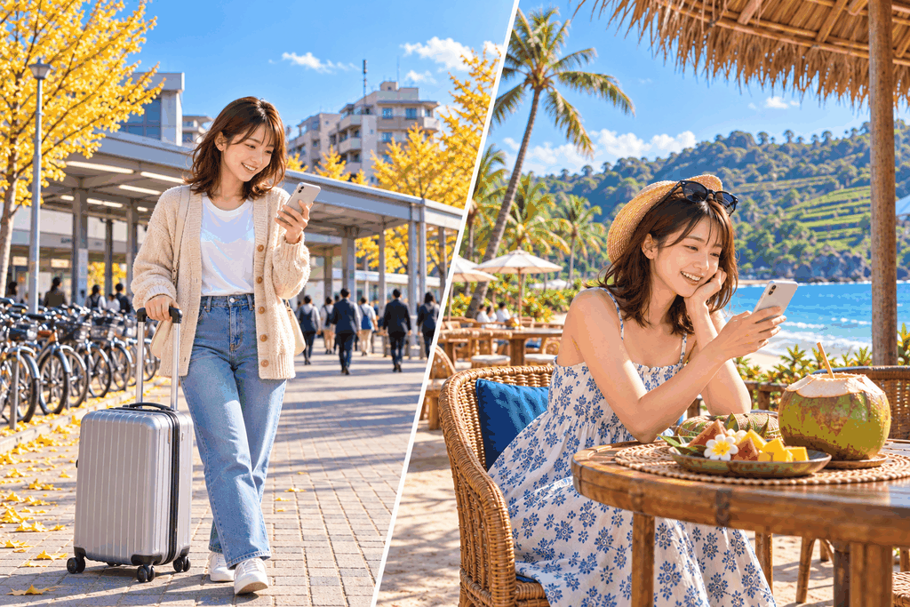 一時帰国の電話番号に悩む女性が、日本の駅前でスマホを手に微笑む場面と、バリのビーチカフェでスマホを使う場面