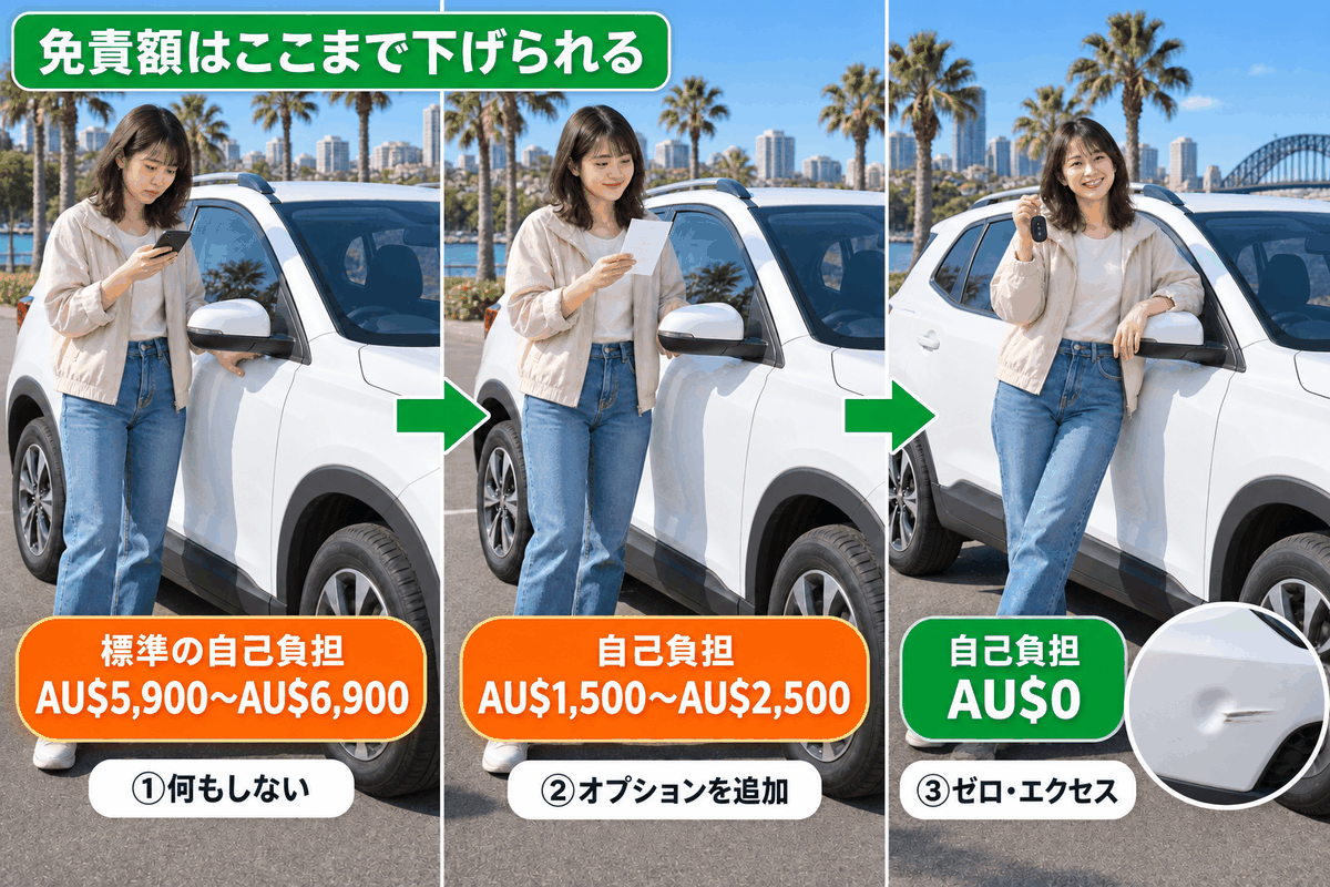 オーストラリアのレンタカー保険で自己負担額を5,900豪ドルからゼロまで下げる3段階のオプション