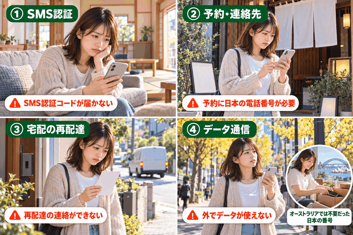 一時帰国で日本の電話番号がなく、SMS認証・予約・再配達・データ通信に困る4つの場面を示したイラスト