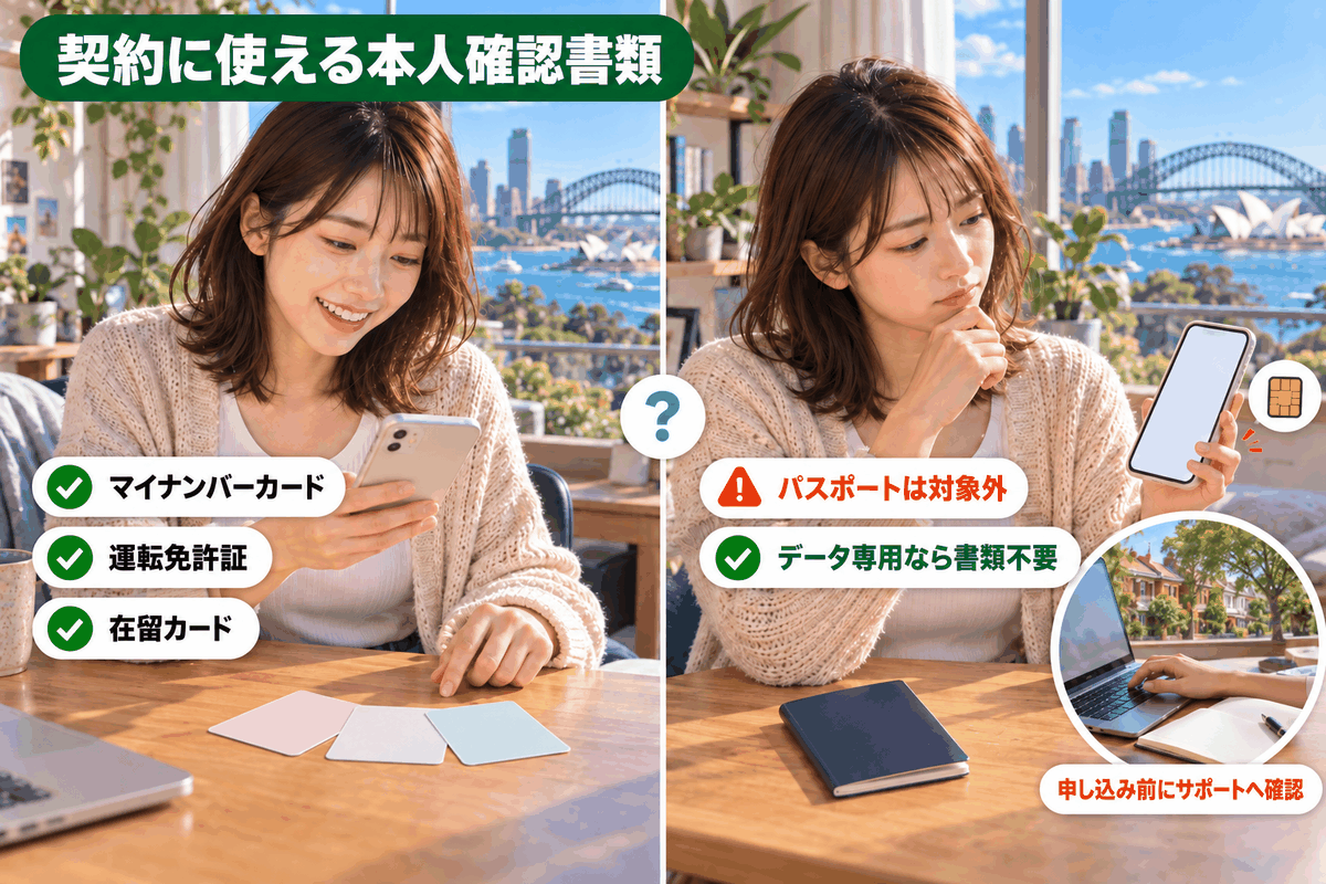 一時帰国の電話番号を契約するときに使える本人確認書類3種と、パスポートは使えない点を示したイラスト