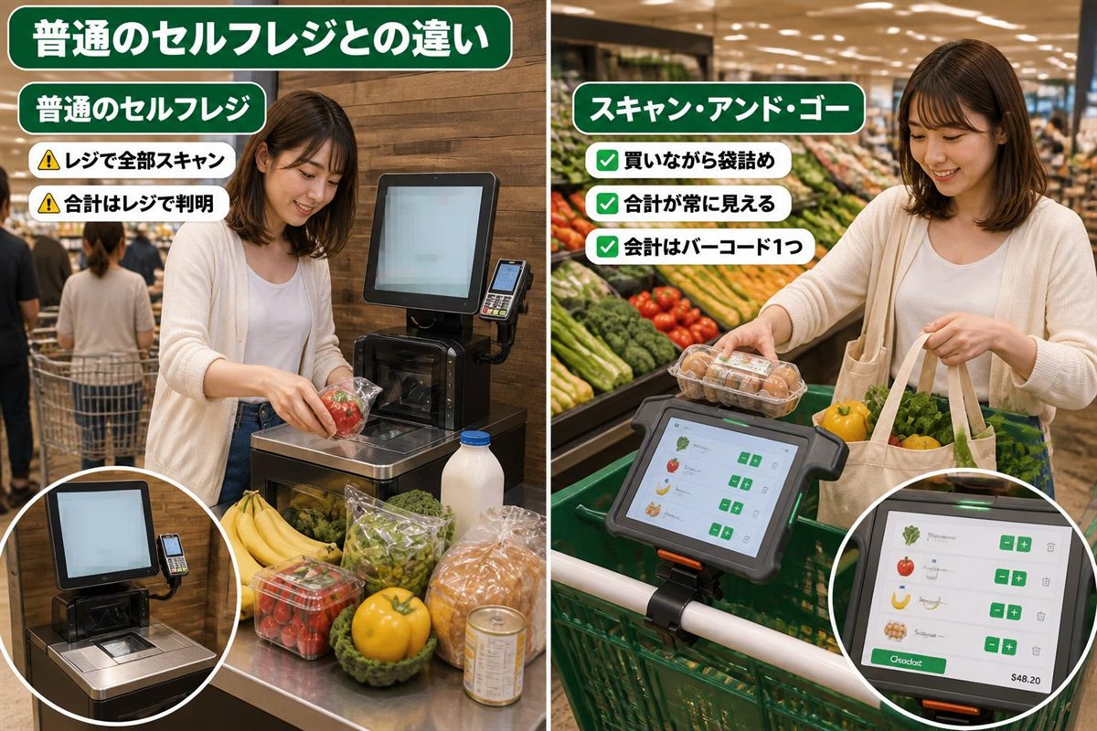 レジで全商品を読み取るセルフレジと、買いながら袋詰めできるトロリーを比べた図。Woolworthsのスキャン・アンド・ゴーとセルフレジの違い