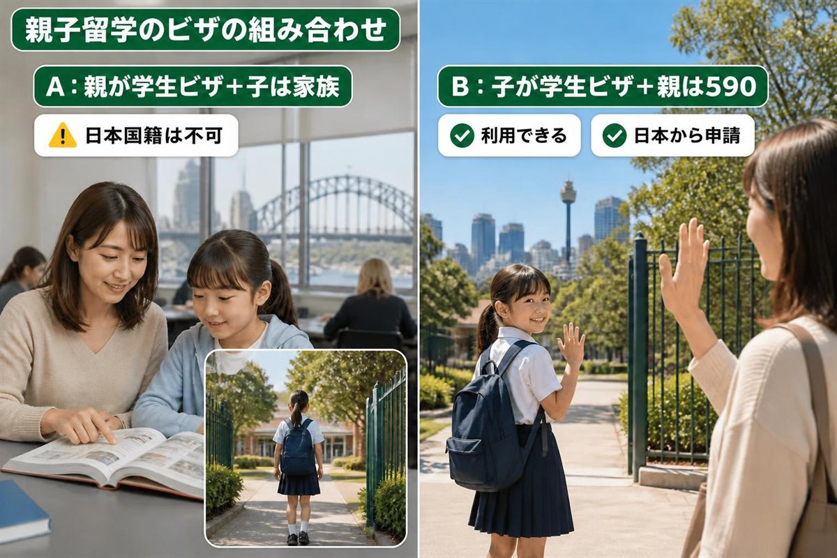 親の学生ビザに子どもを含める形は日本国籍では不可、子どもが学生ビザで親がガーディアンビザの形は使えることを比べた図。親子留学のビザ